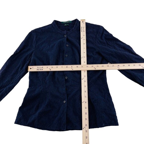 Lauren Ralph Lauren Women's Blouse size 6 Navy Blue Long Sleeves Ruffled Eyelet - Picture 3 of 4